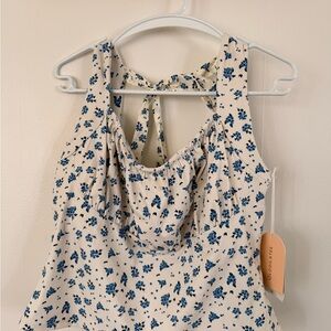 Floral Tie-Back Tank Top - Cream and Blue